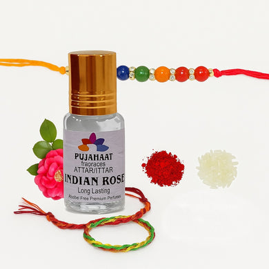 Pujahaat Raksha Bandhan Combo - Indian Rose Attar ( Alcohol-Free) 6ml & 7 Chakra Crystal Beads 8mm Rakhi