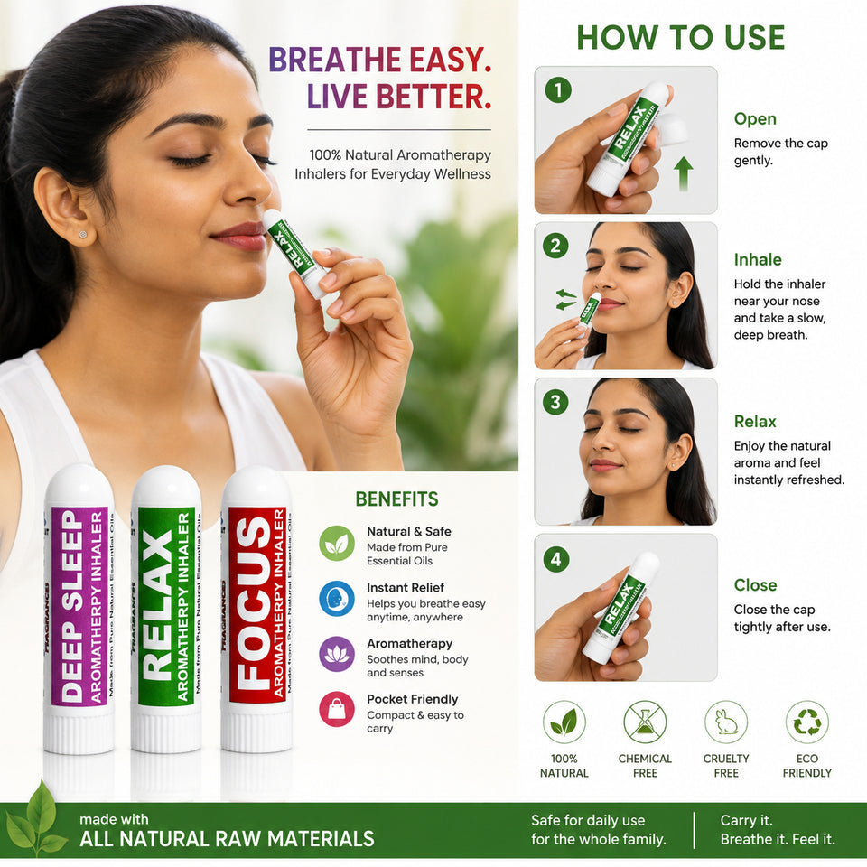 Pujahaat Natural Essential oil based Aromatherapy Nasal Inhaler Stick Relax, Deep Sleep, Focus Made with therapeutic grade essential oils- Set of 3