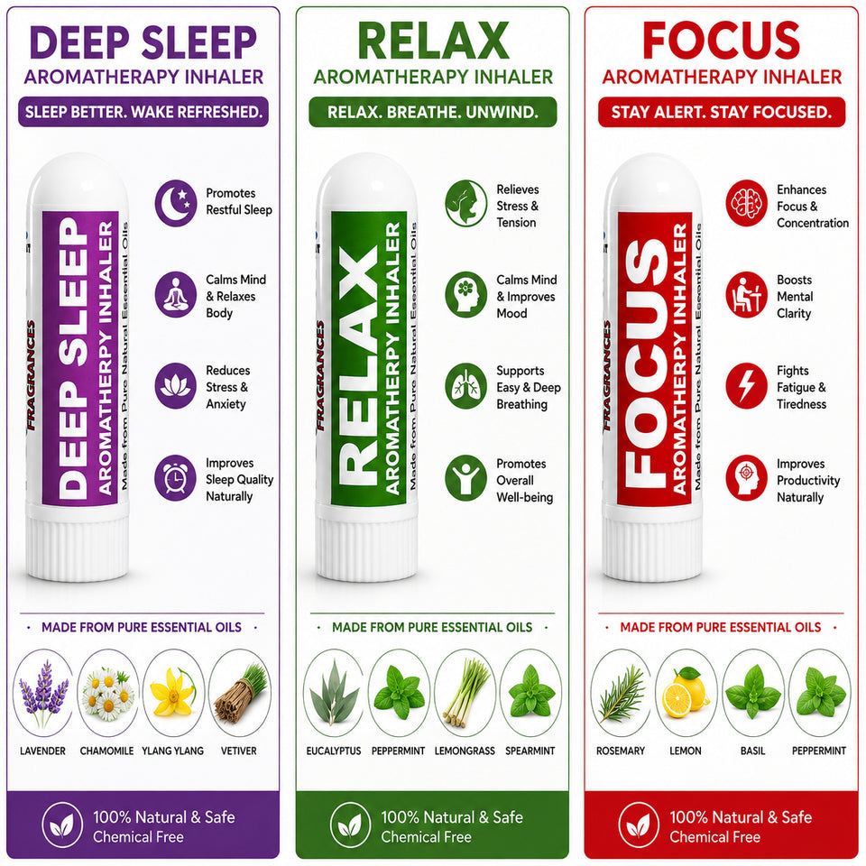 Pujahaat Natural Essential oil based Aromatherapy Nasal Inhaler Stick Relax, Deep Sleep, Focus Made with therapeutic grade essential oils- Set of 3