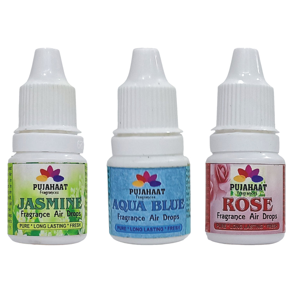 Pujahaat Premium Jasmine, Rose, Aqua Blue Fragrance Air drops Air freshener for room, bathroom, toilet, car, wardrobes -Pack of 3 (3 x 5ml)