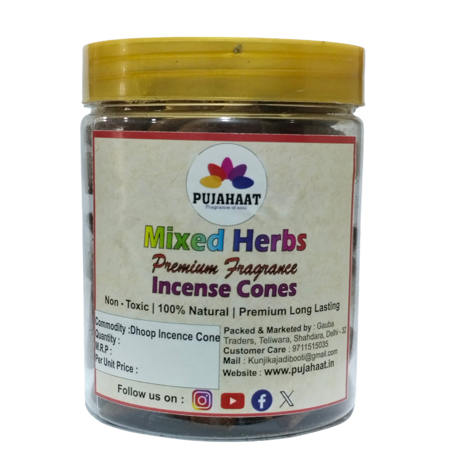 Mixed Herbs Fragrance Premium Scented Incense Dhoop Cone by Pujahaat | No Charcoal No Bamboo | for Pooja, Rituals & Special Occasions, Dhoop Batti - 200 Gms