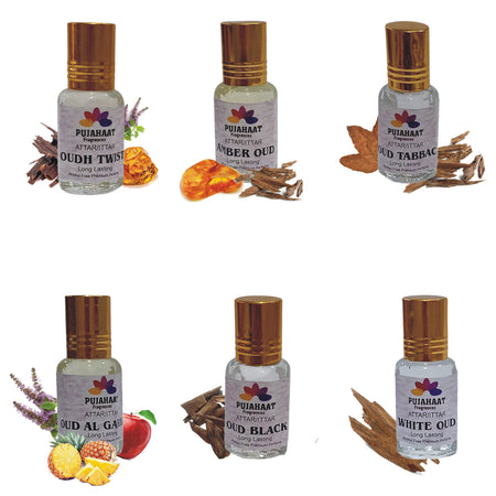 Pujahaat Premium Alcohol-Free Attar Gift Pack Of 6 Oudh Attar Combo Ittar Perfume Oud Twist, Black Oud, Amber Oud, Oud Tobbaco, White Oud, Oud al Grham (In Roll on Bottle) 18 ml (6 x 3ml) Combo-8