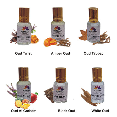 Pujahaat Premium Alcohol-Free Attar Gift Pack Of 6 Oudh Attar Combo Ittar Perfume Oud Twist, Black Oud, Amber Oud, Oud Tobbaco, White Oud, Oud al Grham (In Roll on Bottle) 18 ml (6 x 3ml) Combo-8