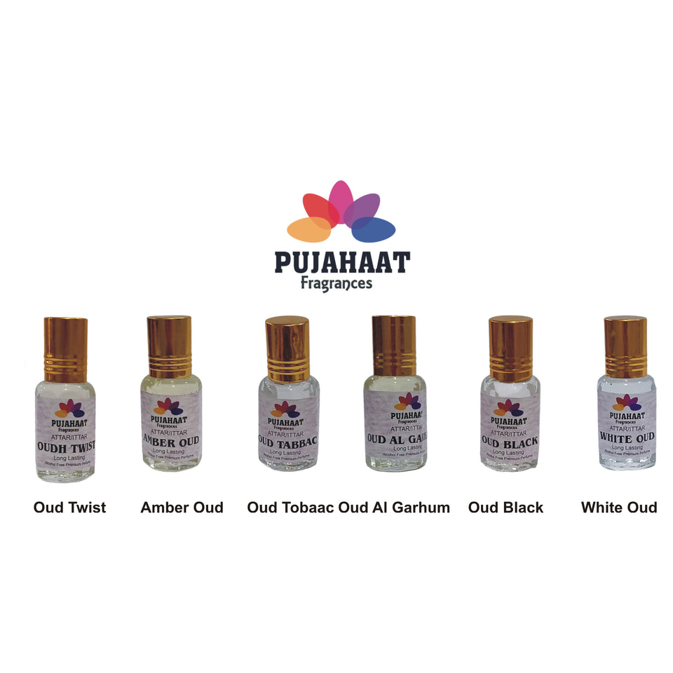 Pujahaat Premium Alcohol-Free Attar Gift Pack Of 6 Oudh Attar Combo Ittar Perfume Oud Twist, Black Oud, Amber Oud, Oud Tobbaco, White Oud, Oud al Grham (In Roll on Bottle) 18 ml (6 x 3ml) Combo-8