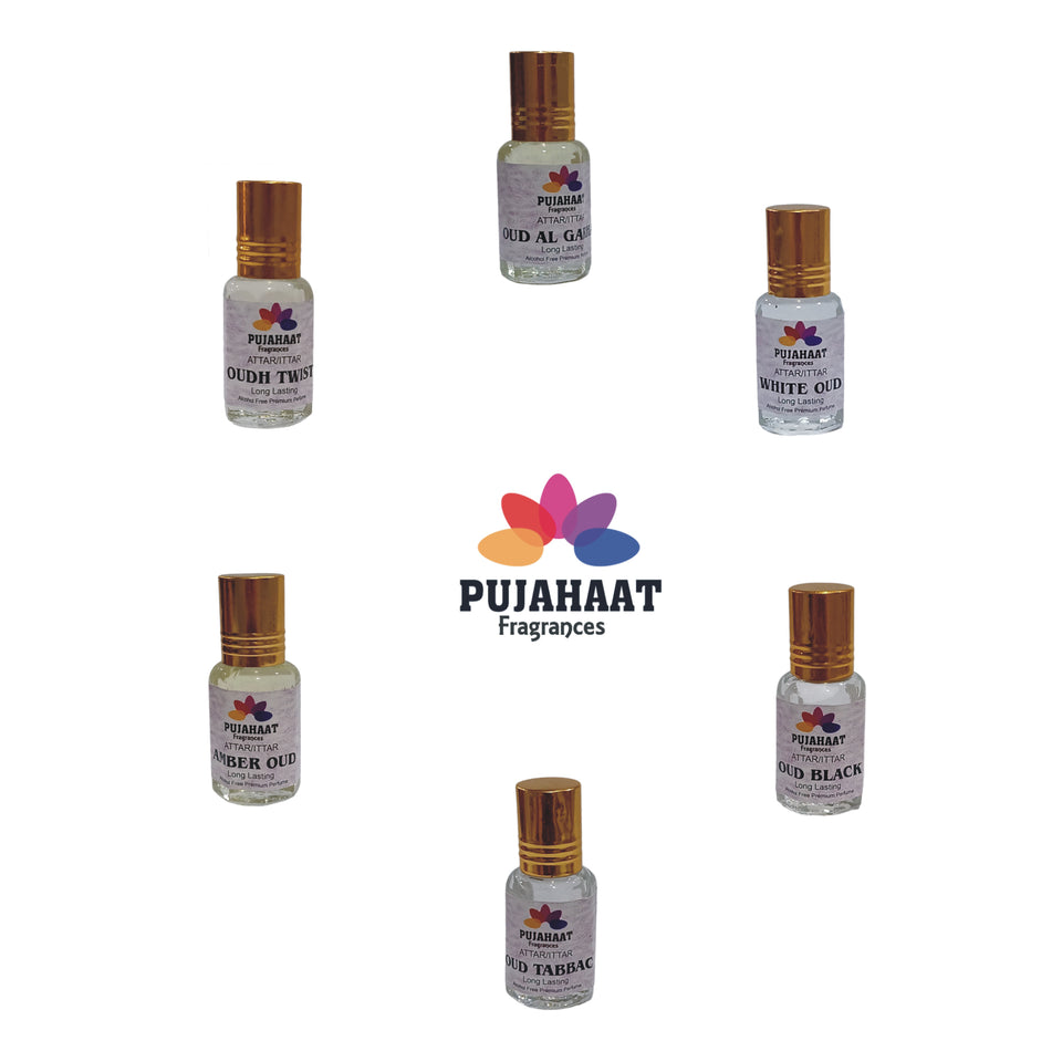 Pujahaat Premium Alcohol-Free Attar Gift Pack Of 6 Oudh Attar Combo Ittar Perfume Oud Twist, Black Oud, Amber Oud, Oud Tobbaco, White Oud, Oud al Grham (In Roll on Bottle) 18 ml (6 x 3ml) Combo-8