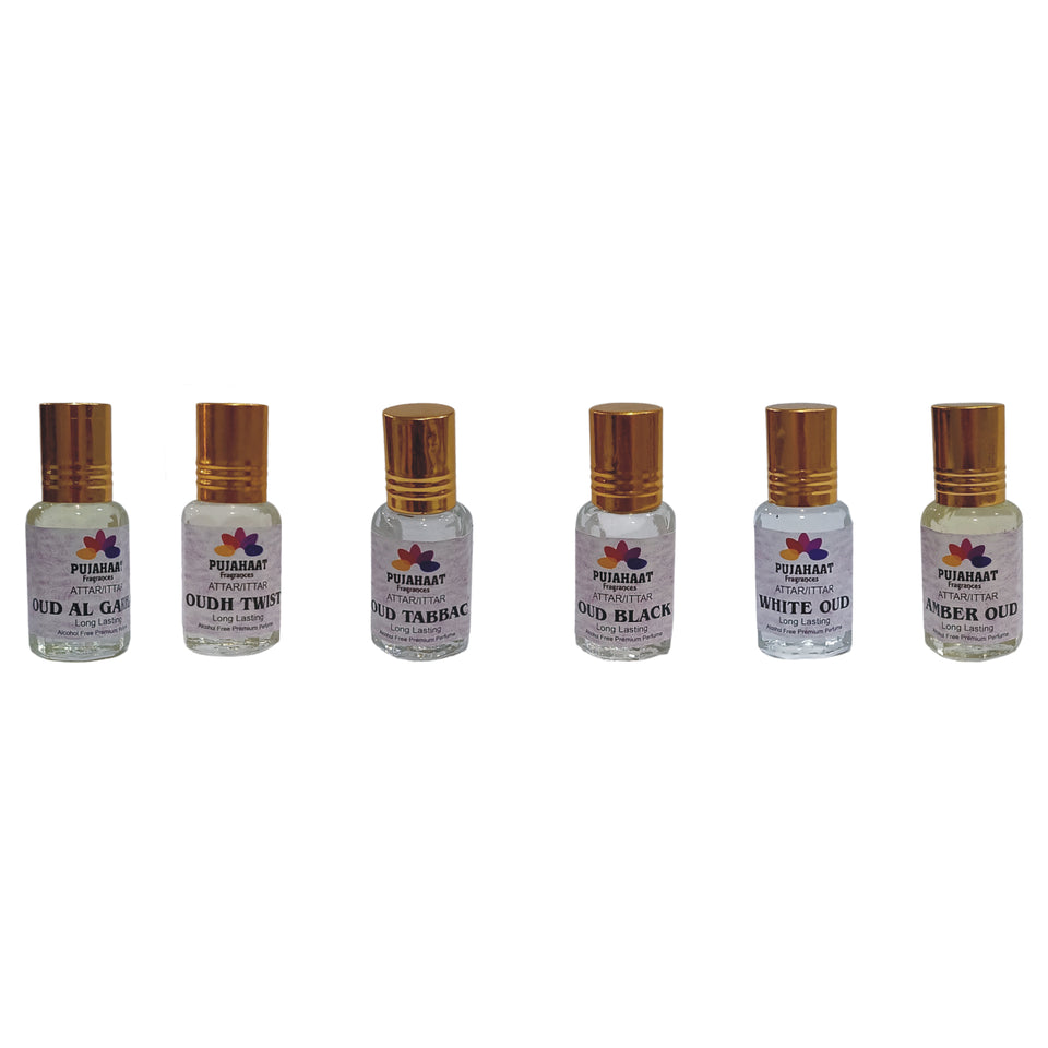 Pujahaat Premium Alcohol-Free Attar Gift Pack Of 6 Oudh Attar Combo Ittar Perfume Oud Twist, Black Oud, Amber Oud, Oud Tobbaco, White Oud, Oud al Grham (In Roll on Bottle) 18 ml (6 x 3ml) Combo-8