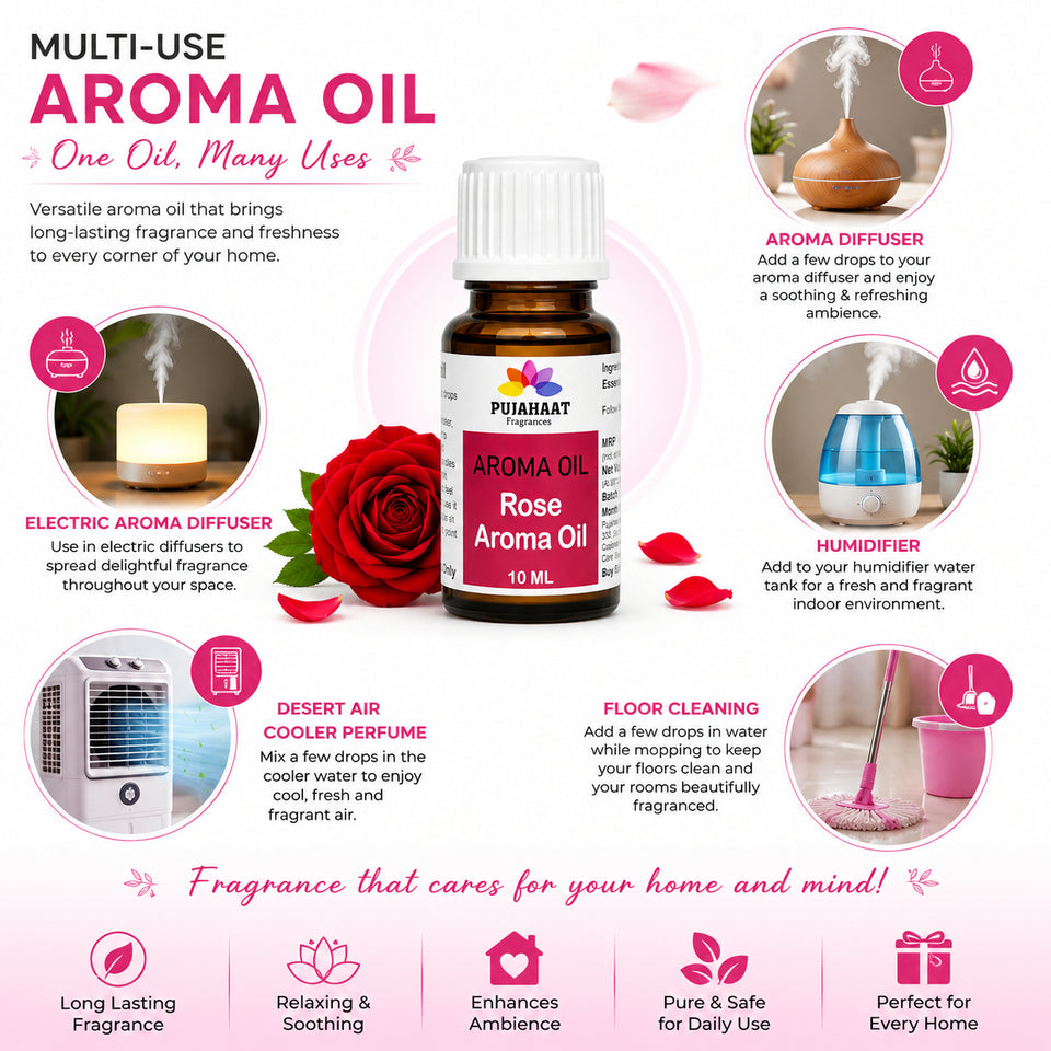 Pujahaat Rose Aroma Oil for Aromatherapy oils, Oil for diffusers, Humidifier oils, Oil Burners, Spa and Air Purifier 10ml Each, Rose - Set of 2 (2 x 10 ml)