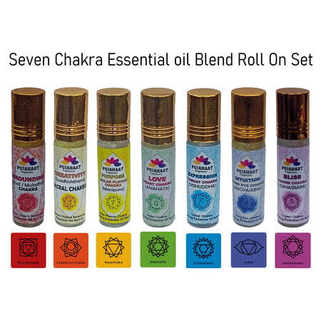 Pujahaat 7 Chakra Healing & Balancing Essential Oils Blend Roll-on | 6ML x 7 | Pure & Natural | Gift set for Meditation, Chakra Balancing, Reiki healing, Yoga, Relaxation, Aromatherapy (Combo Set of 7 Chakra Roll-on, 1 Set of 7)