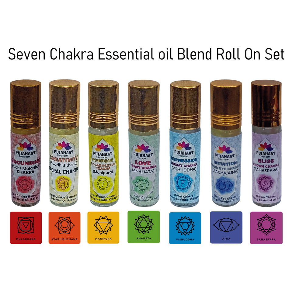 Pujahaat 7 Chakra Healing & Balancing Essential Oils Blend Roll-on | 6ML x 7 | Pure & Natural | Gift set for Meditation, Chakra Balancing, Reiki healing, Yoga, Relaxation, Aromatherapy (Combo Set of 7 Chakra Roll-on, 1 Set of 7)