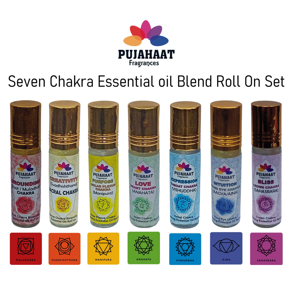 Pujahaat 7 Chakra Healing & Balancing Essential Oils Blend Roll-on | 6ML x 7 | Pure & Natural | Gift set for Meditation, Chakra Balancing, Reiki healing, Yoga, Relaxation, Aromatherapy (Combo Set of 7 Chakra Roll-on, 1 Set of 7)
