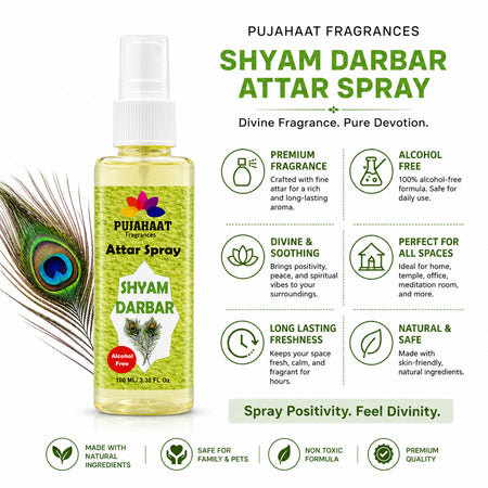 Shyam Darbar Attar Spray by Pujahaat | 100ml Non Alcoholic Spray | Religious Mist | Air Freshener, Room Mist, Fabric & Linen Spray | Perfect for Prayers Rooms, Living Room, sofas, curtains, car