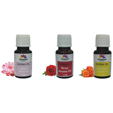 Pujahaat Lotus, Rose and Marigold Aroma Oil for Aromatherapy oils, Oil for diffusers, Humidifier oils, Oil Burners, Spa and Air Purifier 10ml Each - Set of 3 (3 x 10 ml)