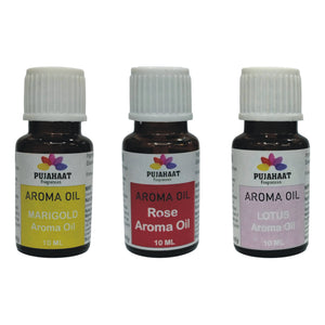 Pujahaat Lotus, Rose and Marigold Aroma Oil for Aromatherapy oils, Oil for diffusers, Humidifier oils, Oil Burners, Spa and Air Purifier 10ml Each - Set of 3 (3 x 10 ml)