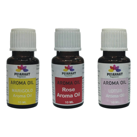 Pujahaat Lotus, Rose and Marigold Aroma Oil for Aromatherapy oils, Oil for diffusers, Humidifier oils, Oil Burners, Spa and Air Purifier 10ml Each - Set of 3 (3 x 10 ml)