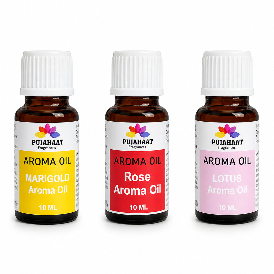 Pujahaat Lotus, Rose and Marigold Aroma Oil for Aromatherapy oils, Oil for diffusers, Humidifier oils, Oil Burners, Spa and Air Purifier 10ml Each - Set of 3 (3 x 10 ml) AO9