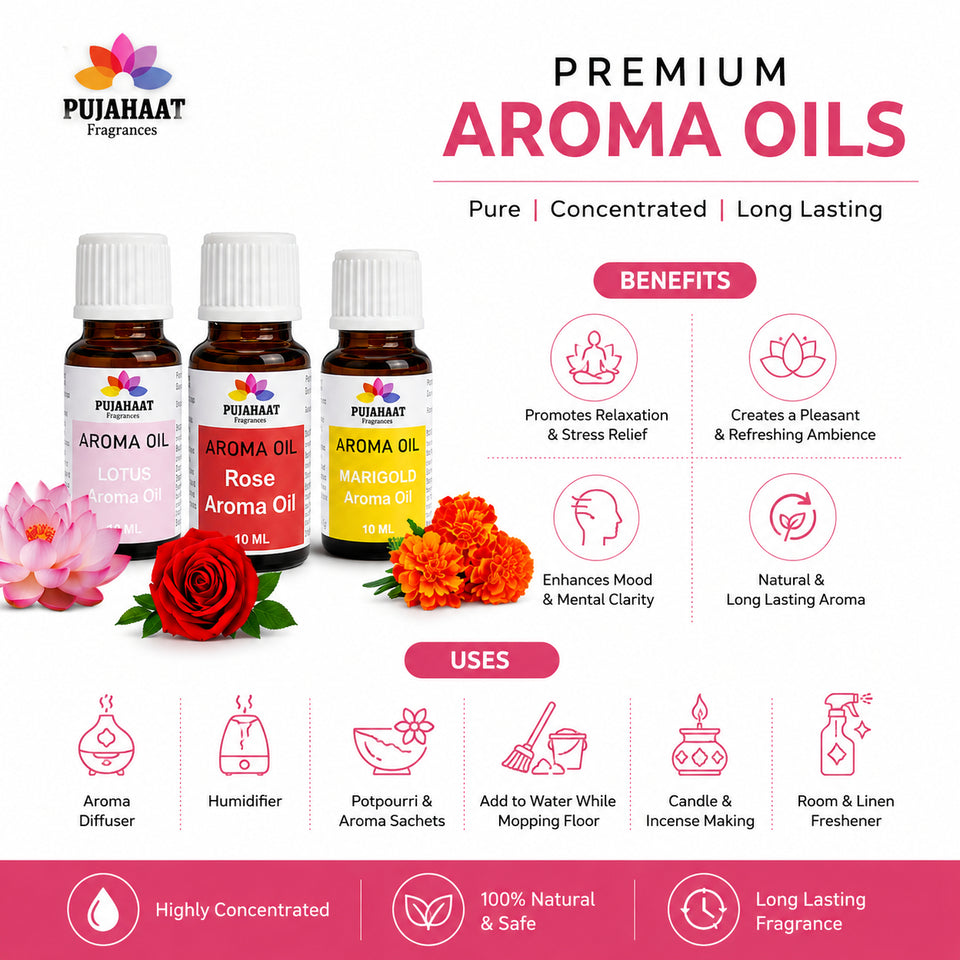 Pujahaat Lotus, Rose and Marigold Aroma Oil for Aromatherapy oils, Oil for diffusers, Humidifier oils, Oil Burners, Spa and Air Purifier 10ml Each - Set of 3 (3 x 10 ml) AO9