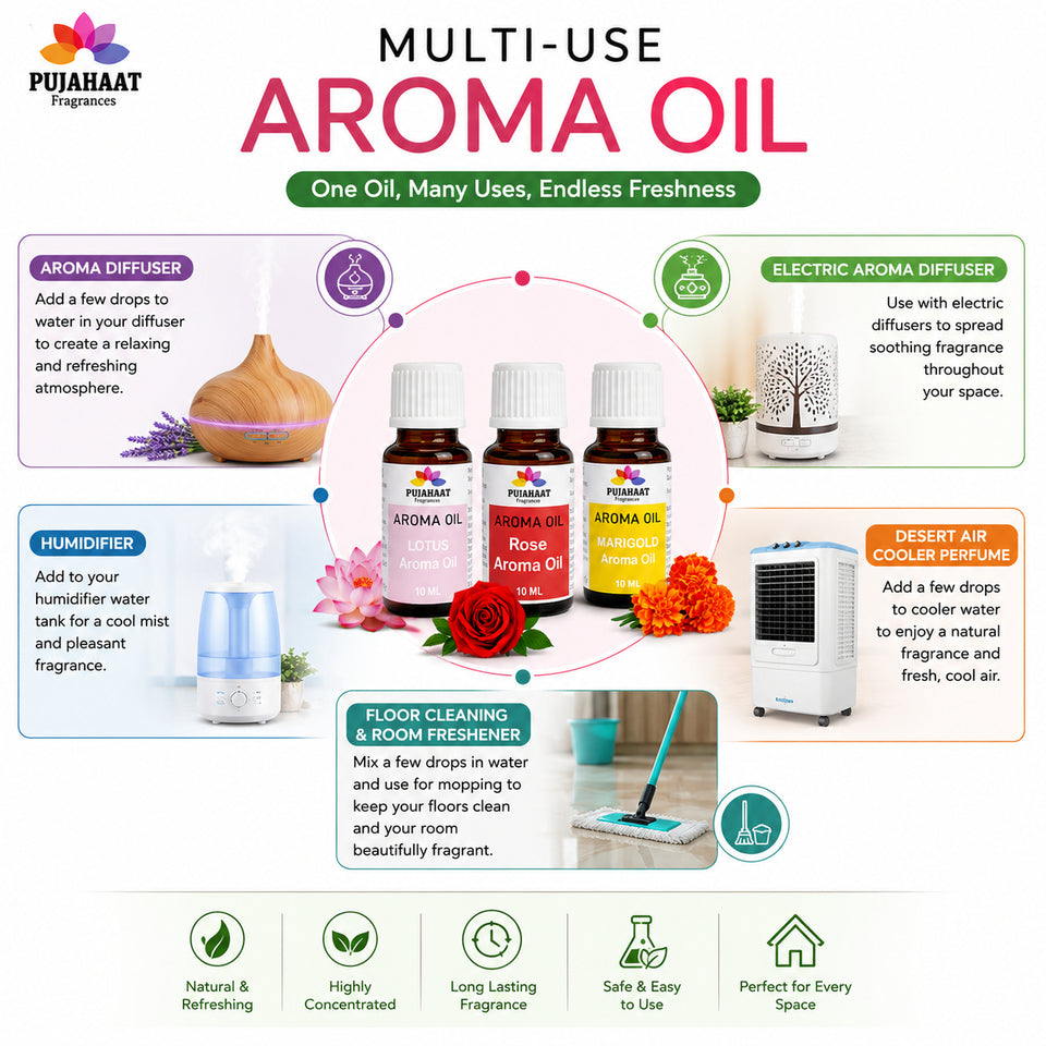 Pujahaat Lotus, Rose and Marigold Aroma Oil for Aromatherapy oils, Oil for diffusers, Humidifier oils, Oil Burners, Spa and Air Purifier 10ml Each - Set of 3 (3 x 10 ml) AO9