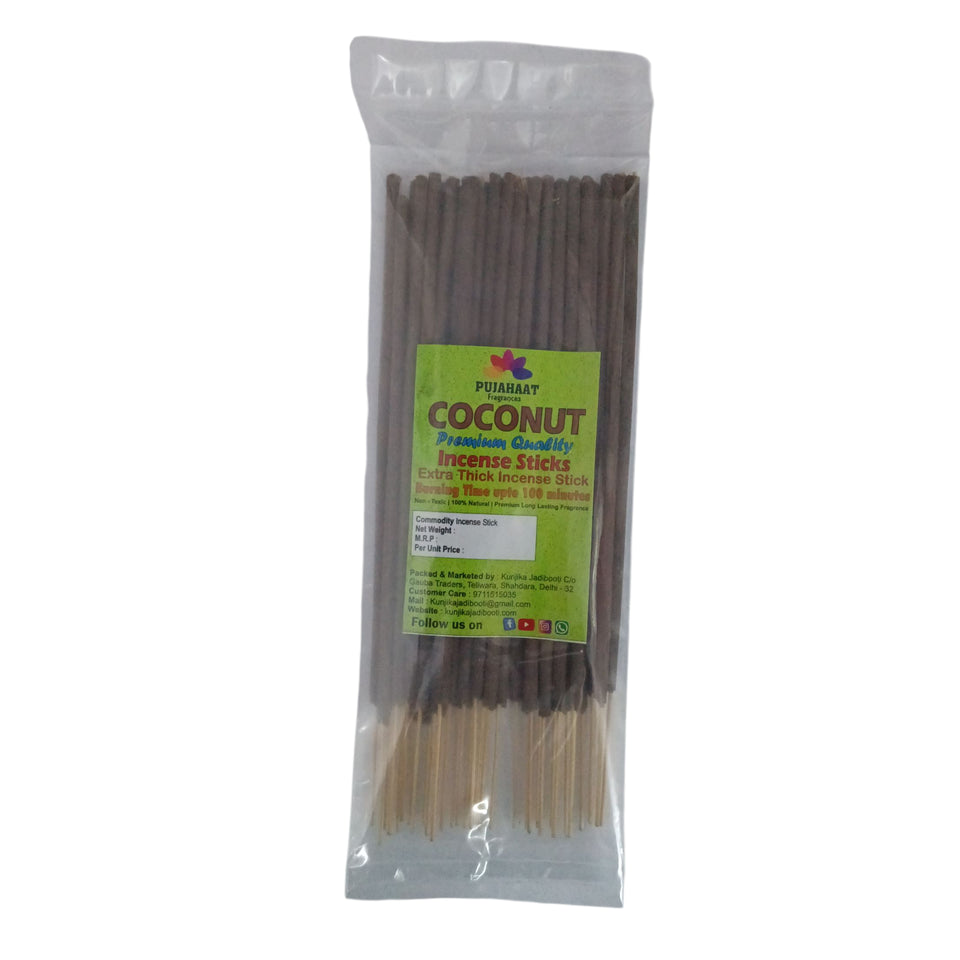 Pujahaat Premium Scented Incense Stick Agarbatti | No Charcoal Incense Sticks, 100 minutes burning time, 0% Sulphates Fragrance - Coconut Rare Fragrance