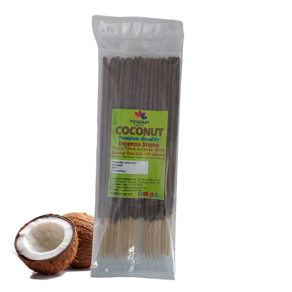 Pujahaat Premium Scented Incense Stick Agarbatti | No Charcoal Incense Sticks, 100 minutes burning time, 0% Sulphates Fragrance - Coconut Rare Fragrance