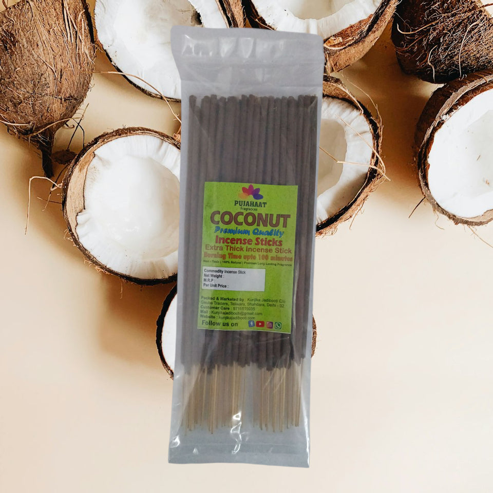 Pujahaat Premium Scented Incense Stick Agarbatti | No Charcoal Incense Sticks, 100 minutes burning time, 0% Sulphates Fragrance - Coconut Rare Fragrance