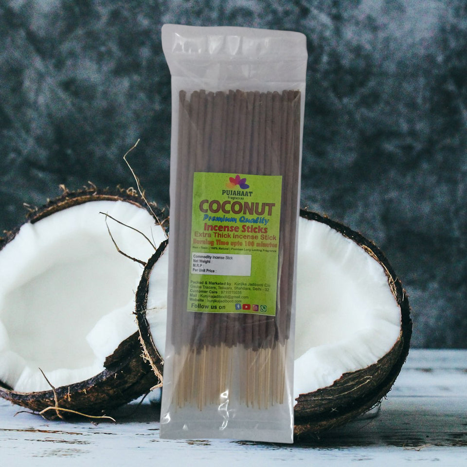 Pujahaat Premium Scented Incense Stick Agarbatti | No Charcoal Incense Sticks, 100 minutes burning time, 0% Sulphates Fragrance - Coconut Rare Fragrance