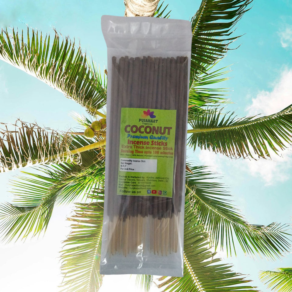 Pujahaat Premium Scented Incense Stick Agarbatti | No Charcoal Incense Sticks, 100 minutes burning time, 0% Sulphates Fragrance - Coconut Rare Fragrance