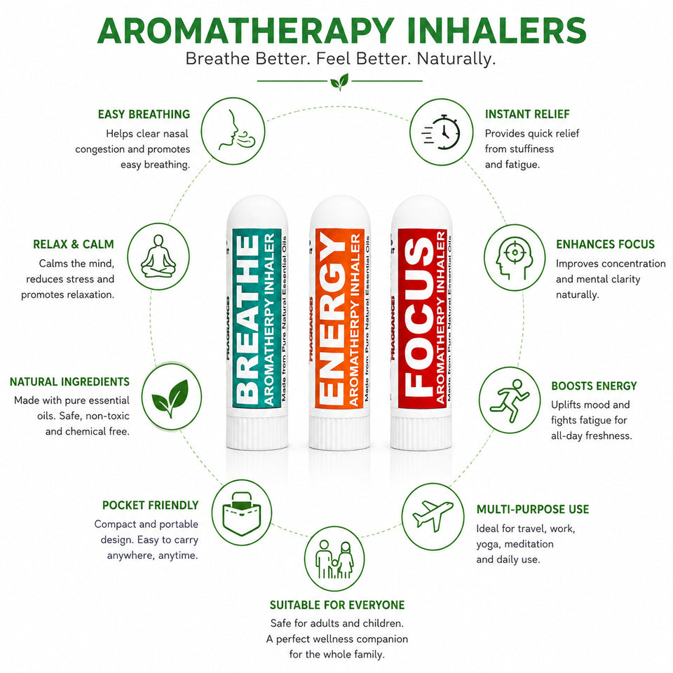Pujahaat Natural Essential oil based Aromatherapy Nasal Inhaler Stick Breathe, Energy, Focus Made with therapeutic grade essential oils- Set of 3