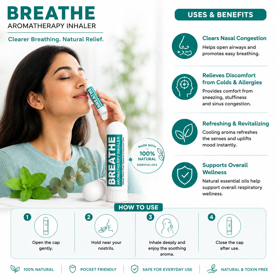 Pujahaat Natural Essential oil based Aromatherapy Nasal Inhaler Stick Breathe, Energy, Focus Made with therapeutic grade essential oils- Set of 3