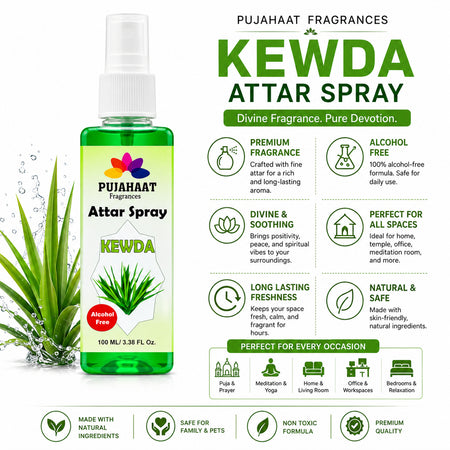 Kewda Attar Spray by Pujahaat | 100ml Non Alcoholic Spray | Religious Mist | Air Freshener, Room Mist, Fabric & Linen Spray | Perfect for Prayers Rooms, Living Room, sofas, curtains, car