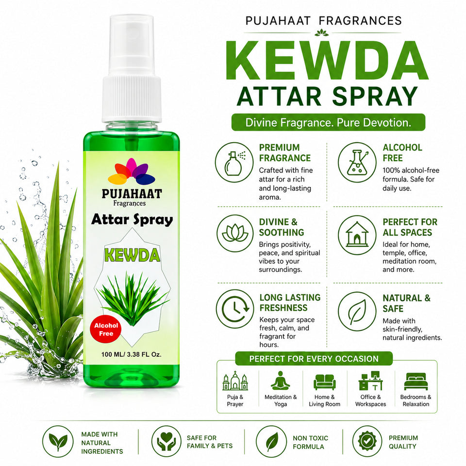 Kewda Attar Spray by Pujahaat | 100ml Non Alcoholic Spray | Religious Mist | Air Freshener, Room Mist, Fabric & Linen Spray | Perfect for Prayers Rooms, Living Room, sofas, curtains, car