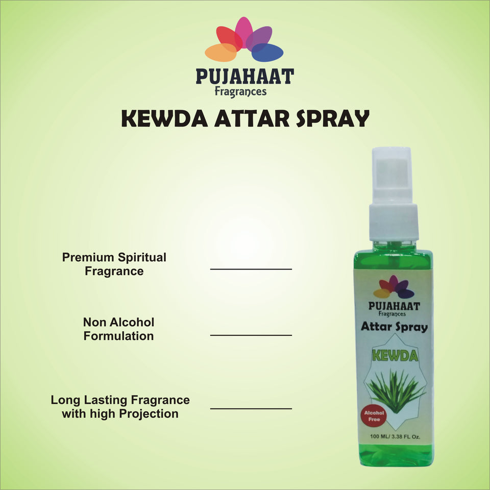 Kewda Attar Spray by Pujahaat | 100ml Non Alcoholic Spray | Religious Mist | Air Freshener, Room Mist, Fabric & Linen Spray | Perfect for Prayers Rooms, Living Room, sofas, curtains, car