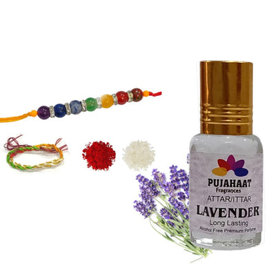 Pujahaat Raksha Bandhan Combo - Lavender Attar ( Alcohol-Free) 6ml & 7 Chakra Crystal Beads 8mm Rakhi