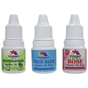 Pujahaat Premium Rajnigandha, Rose, Aqua Blue Fragrance Air drops Air freshener for room, bathroom, toilet, car, wardrobes -Pack of 3 (3 x 5ml)