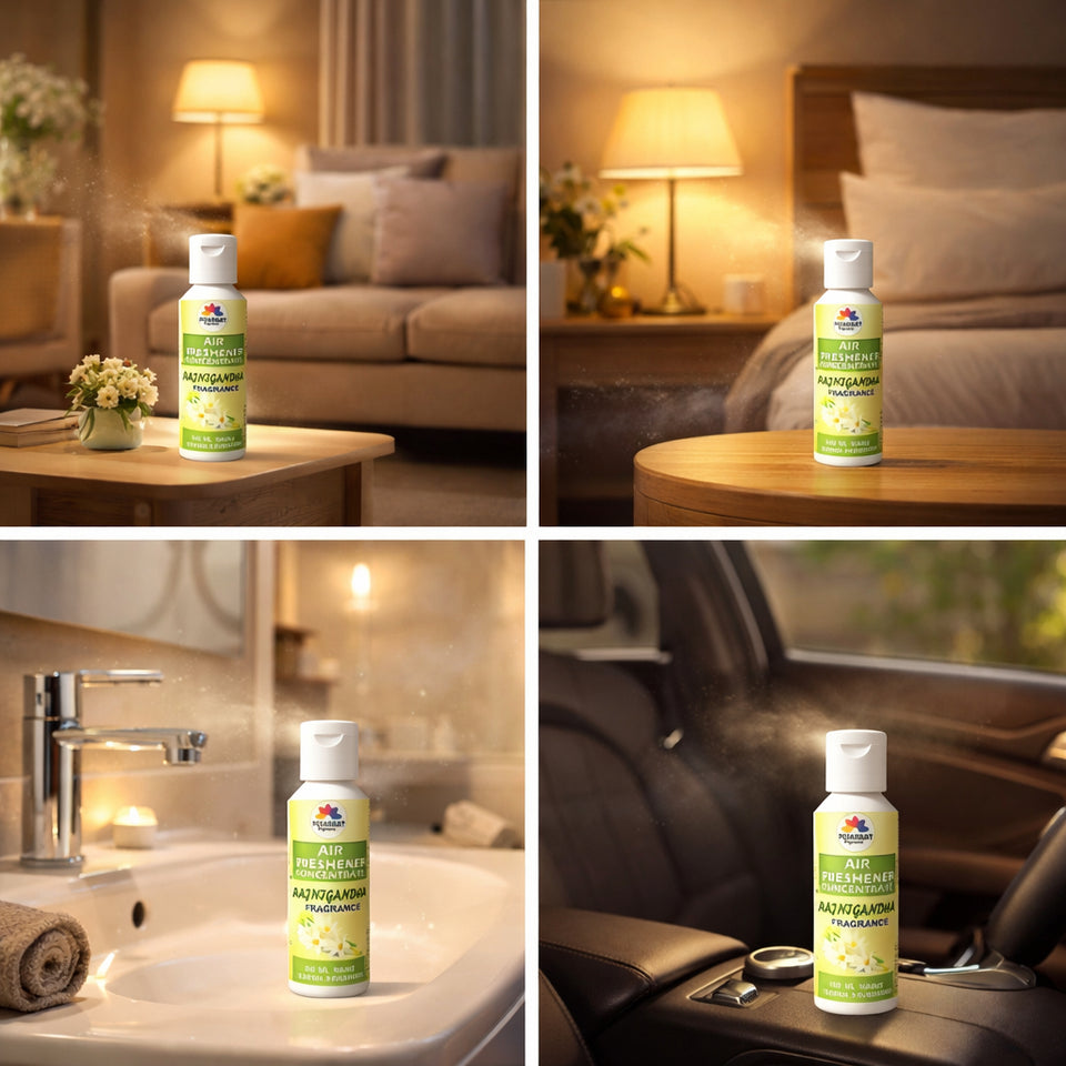 Collage of a bottle of air freshener on different surfaces including a table, car dashboard, bathroom sink, and bedroom.