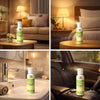 Collage of a bottle of air freshener on different surfaces including a table, car dashboard, bathroom sink, and bedroom.