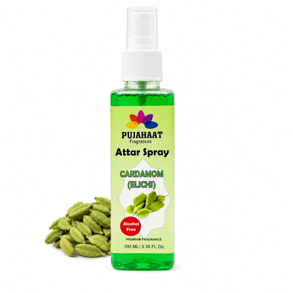 Cardamom (Hari Elaichi) Attar Spray by Pujahaat | 100ml Non Alcoholic Spray | Religious Mist | Air Freshener, Room Mist, Fabric & Linen Spray | Perfect for Prayers Rooms, Living Room, sofas, curtains, car