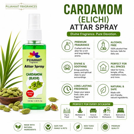 Cardamom (Hari Elaichi) Attar Spray by Pujahaat | 100ml Non Alcoholic Spray | Religious Mist | Air Freshener, Room Mist, Fabric & Linen Spray | Perfect for Prayers Rooms, Living Room, sofas, curtains, car