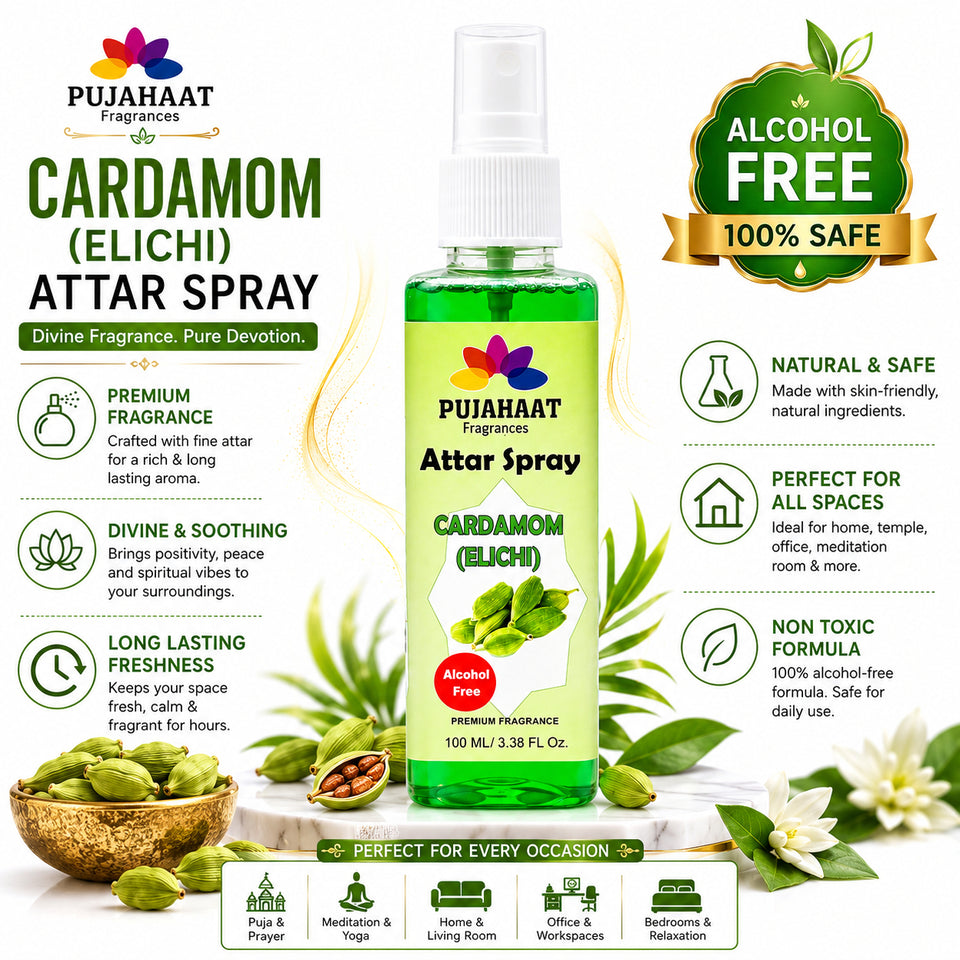 Cardamom (Hari Elaichi) Attar Spray by Pujahaat | 100ml Non Alcoholic Spray | Religious Mist | Air Freshener, Room Mist, Fabric & Linen Spray | Perfect for Prayers Rooms, Living Room, sofas, curtains, car