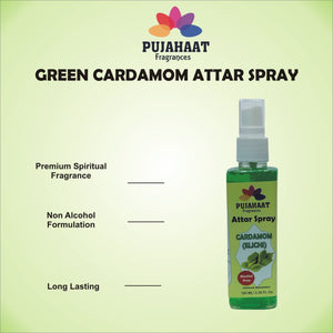 Cardamom (Hari Elaichi) Attar Spray by Pujahaat | 100ml Non Alcoholic Spray | Religious Mist | Air Freshener, Room Mist, Fabric & Linen Spray | Perfect for Prayers Rooms, Living Room, sofas, curtains, car