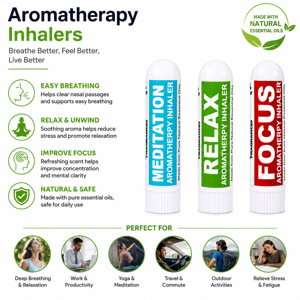 Pujahaat Natural Essential oil based Aromatherapy Nasal Inhaler Stick Meditation, Relax, Focus Made with therapeutic grade essential oils- Set of 3