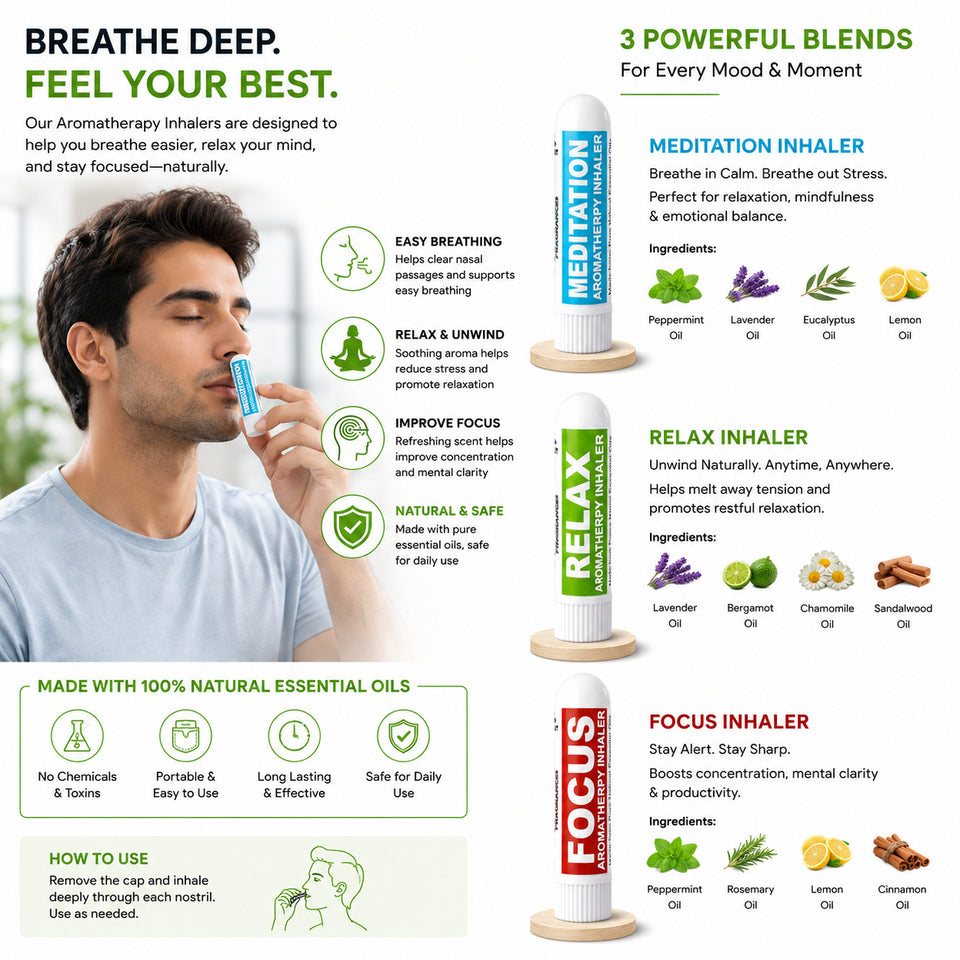 Pujahaat Natural Essential oil based Aromatherapy Nasal Inhaler Stick Meditation, Relax, Focus Made with therapeutic grade essential oils- Set of 3