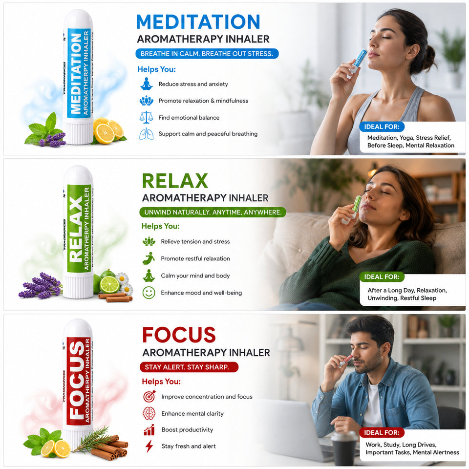 Pujahaat Natural Essential oil based Aromatherapy Nasal Inhaler Stick Meditation, Relax, Focus Made with therapeutic grade essential oils- Set of 3