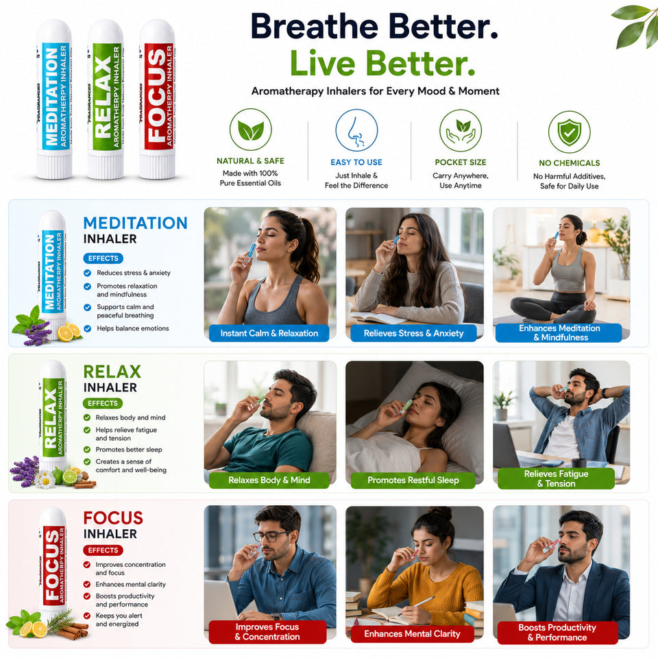 Pujahaat Natural Essential oil based Aromatherapy Nasal Inhaler Stick Meditation, Relax, Focus Made with therapeutic grade essential oils- Set of 3