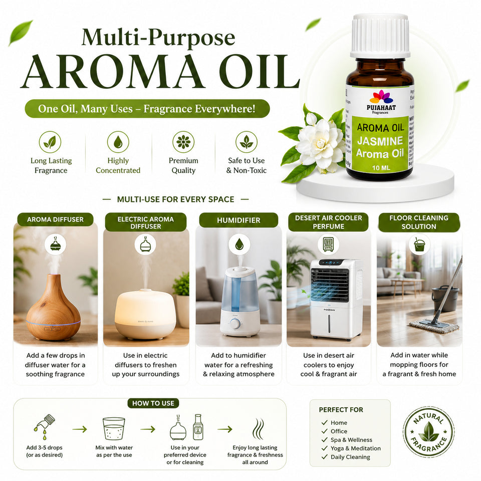 Pujahaat Jasmine Aroma Oil for Aromatherapy oils, Oil for diffusers, Humidifier oils, Oil Burners, Spa and Air Purifier 10ml Each, Jasmine - Set of 2 (2 x 10 ml)