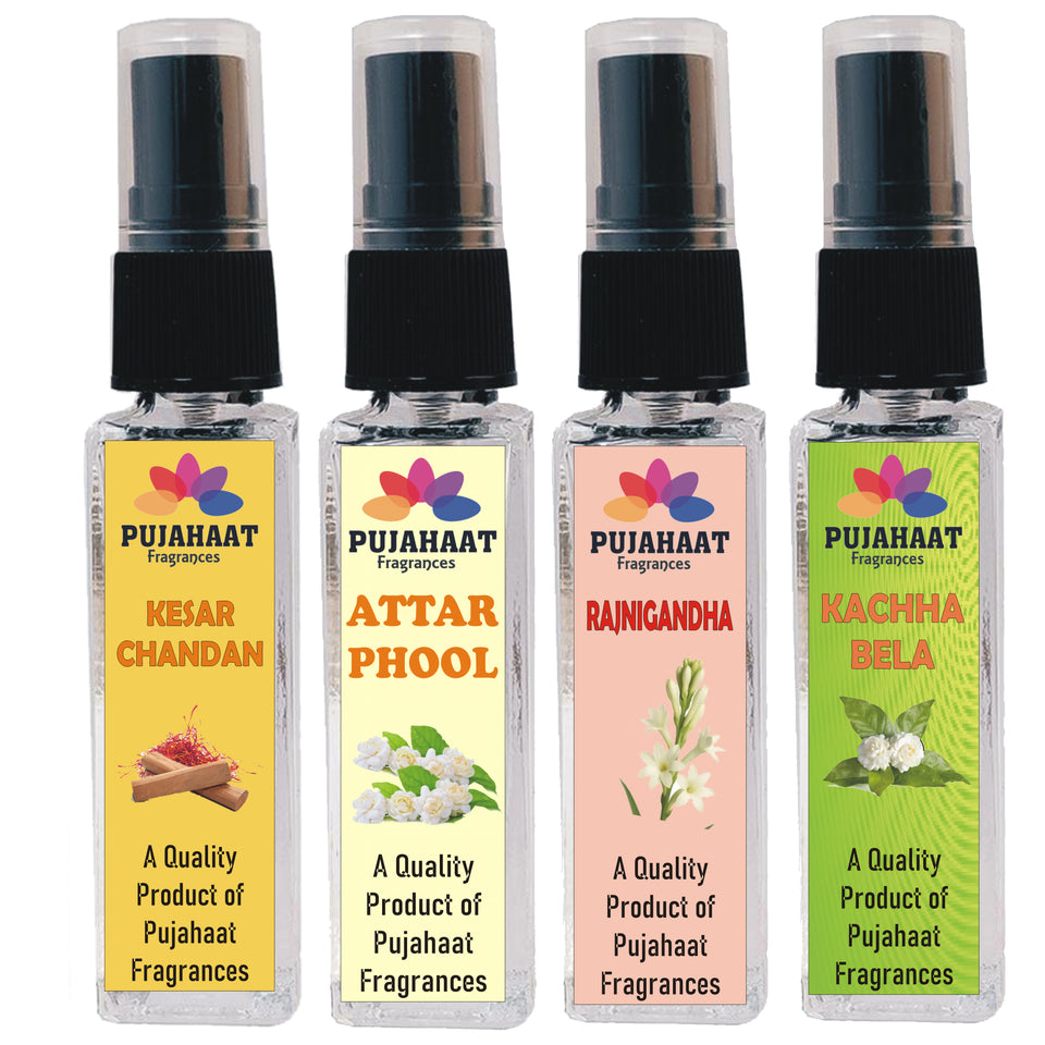 Pujahaat Kesar Chandan. Attar Phool, Rajnigandha, Kachha Bela Set of 4 Perfume Attar Spray 8ml | itra/ittar Perfume | For Pooja/Personal Use