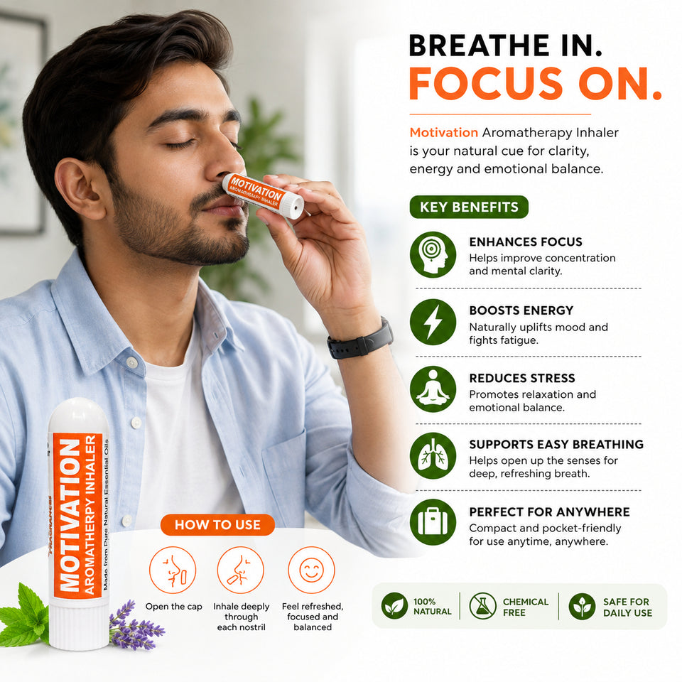 Pujahaat Natural Essential oil based Aromatherapy Nasal Inhaler Stick MOTIVATION, Made with 100% natural, therapeutic grade essential oils - Set of 2