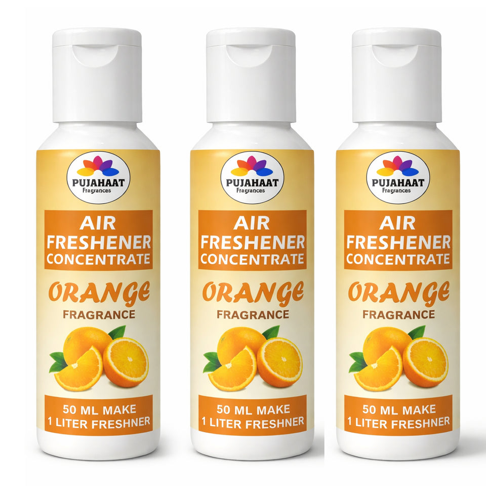 Three bottles of Pujaaat Orange Fragrance air freshener concentrate on a white background