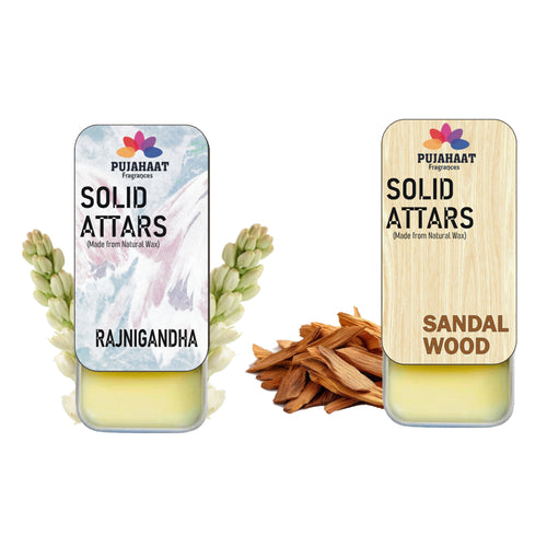 Pujahaat Sandalwood | Rajnigandha Combo Premium Fragrance | Solid Attar for Men & Women | Alcohol Free | Strong lasting fragrance - Sandalwood | Rajnigandha