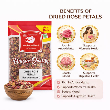 Kunjika Jadibooti Sun Dried Rose Petals - Dry Rosa Gallica - 100% Edible for Food - Dried Rose Petals - 100 Gm
