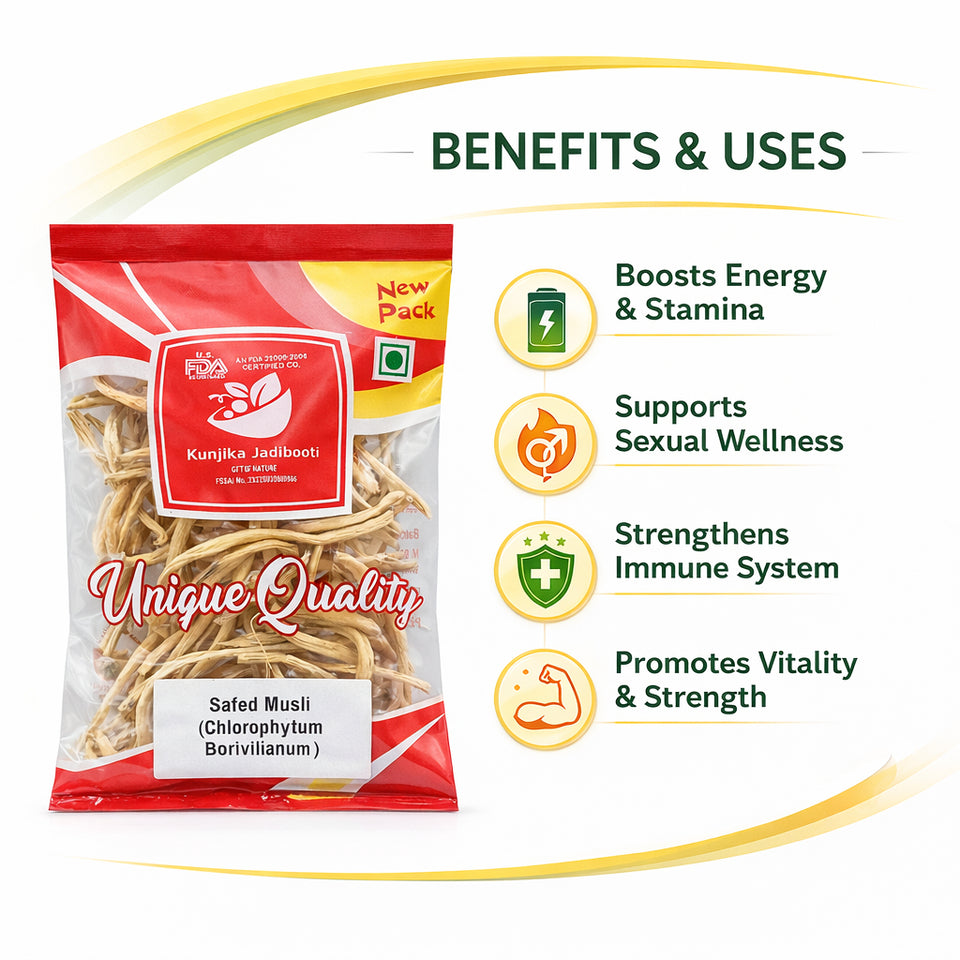 Kunjika Jadibooti Safed Musli Roots | Natural White Musli | Swet Musli | Chlorophytum Borivilianum (100 g)